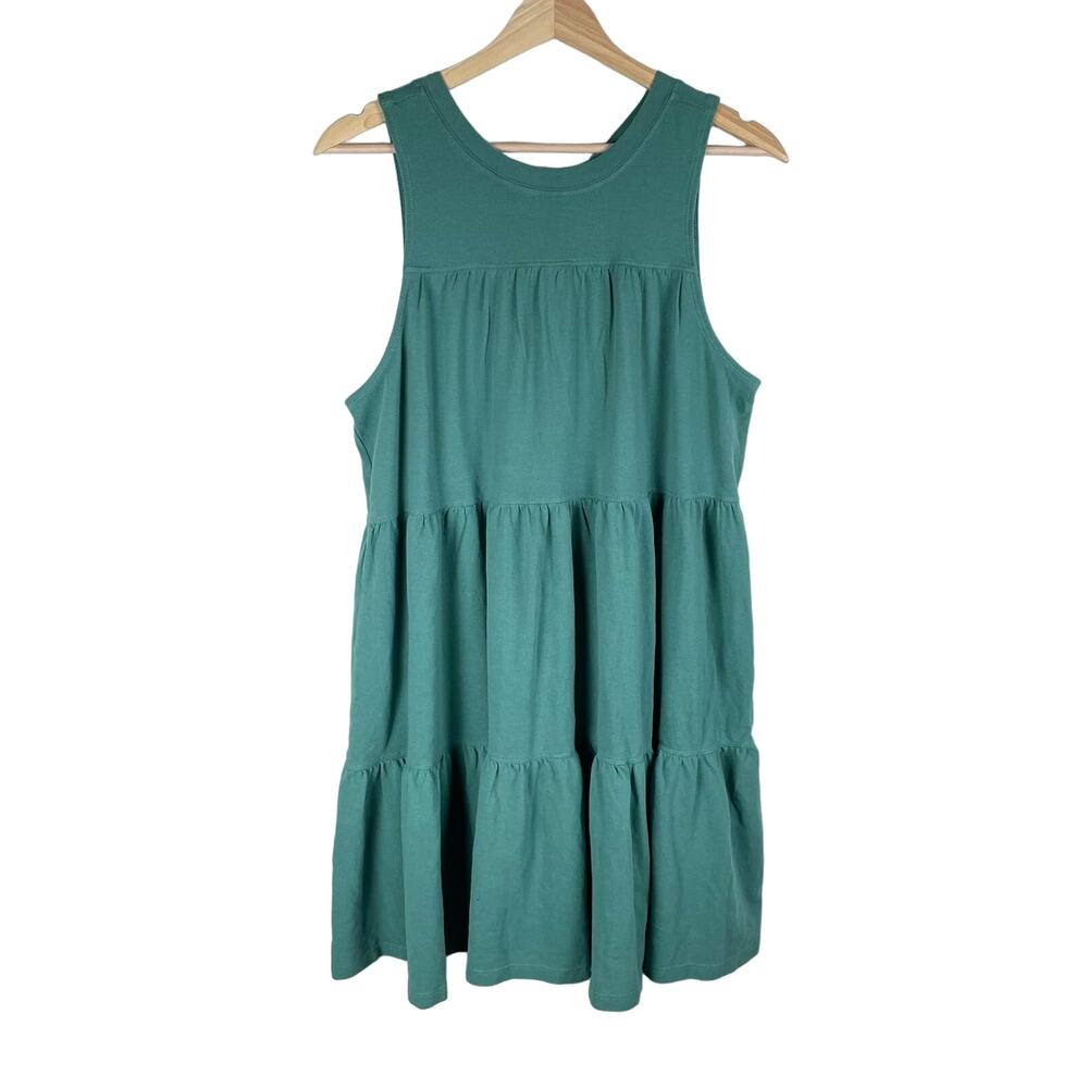 Treasure & Bond Tiered Halter Mini Dress Green Womens M Cotton Tie Neck Swing